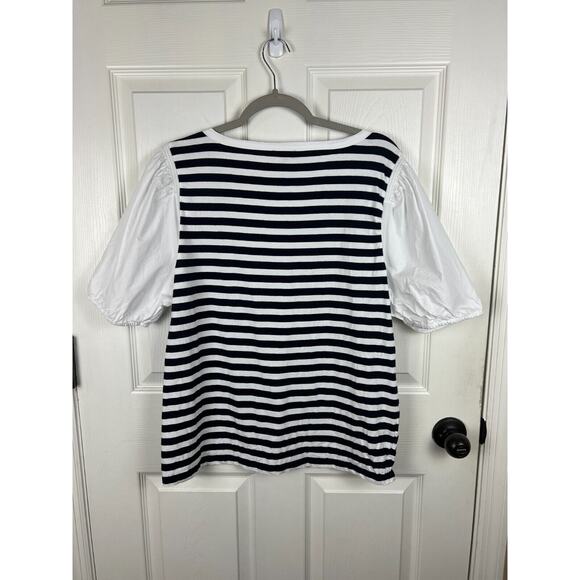 Talbots XL Blue White Stripe Cotton Short Balloon Sleeve Blouse Top Preppy - Picture 5 of 5